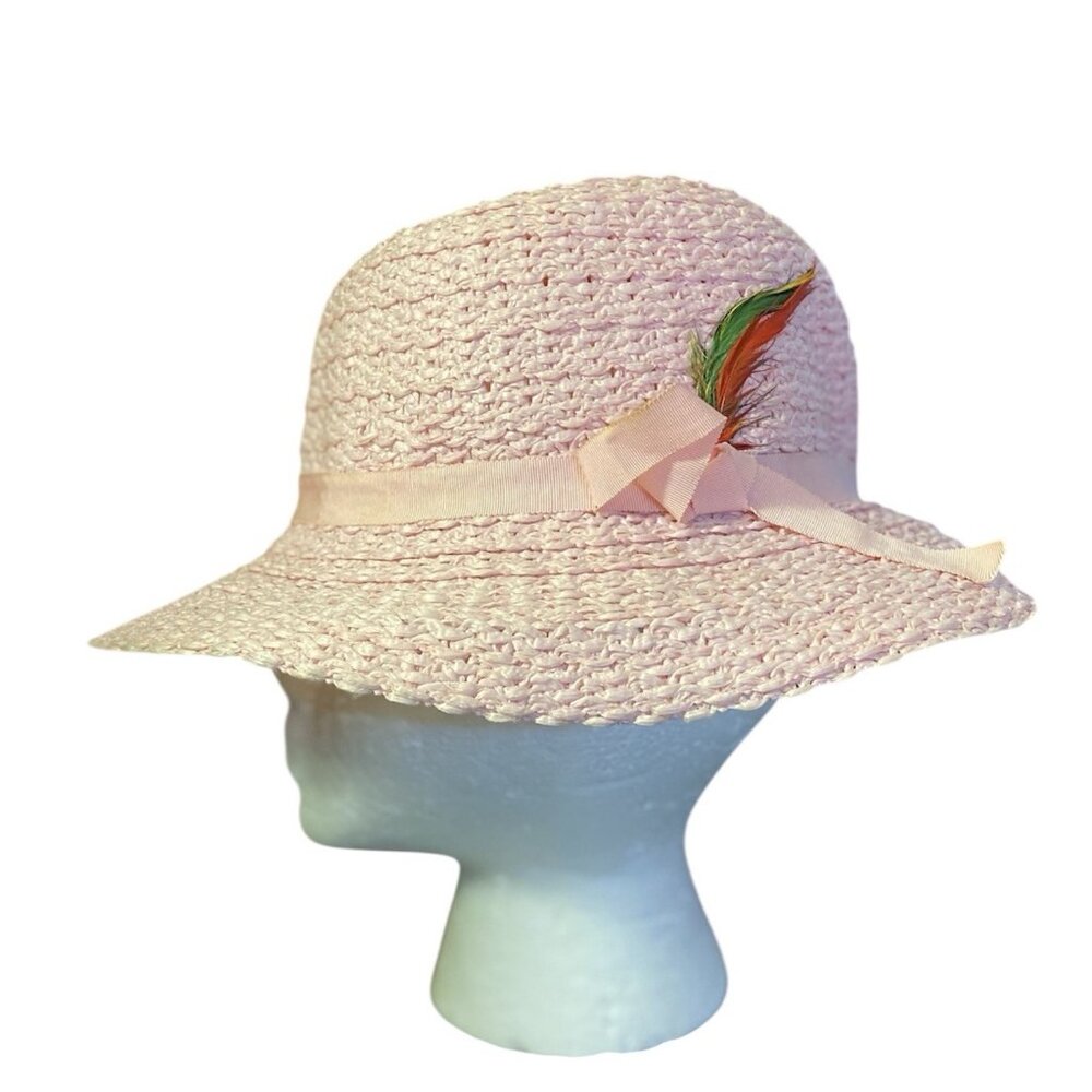 Vintage Women’s Pink Straw Cloche Hat with Matching Grosgrain Ribbon & Feathers